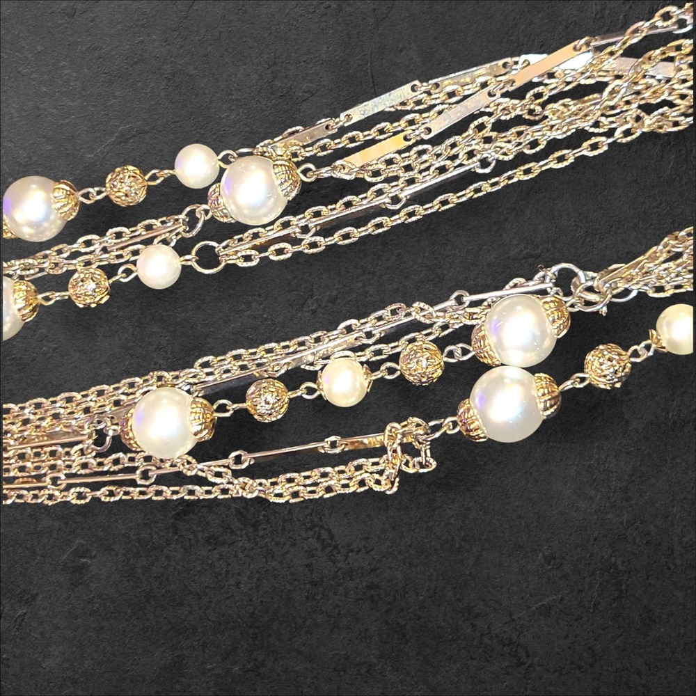 Vintage Faux Pearl Gold Tone Chain Station Necklace 48"